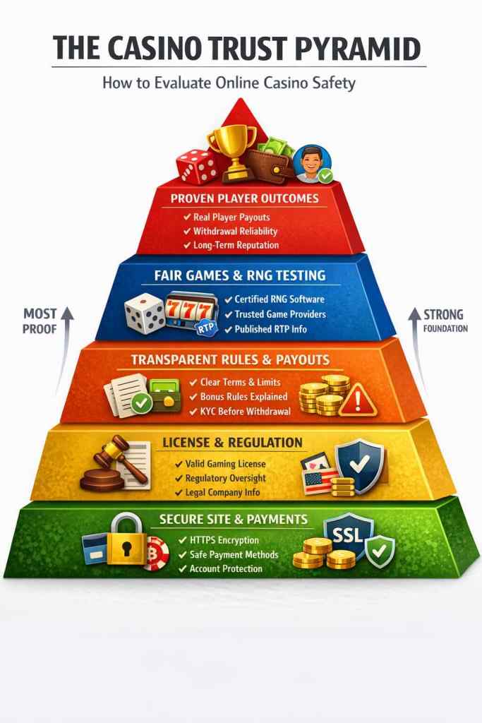 Infographic depicting 'The Casino Trust Pyramid' with layers illustrating criteria for evaluating online casino safety. The pyramid includes: 'Secure Site & Payments', 'License & Regulation', 'Transparent Rules & Payouts', 'Fair Games & RNG Testing', and 'Proven Player Outcomes', highlighting key factors for trust.