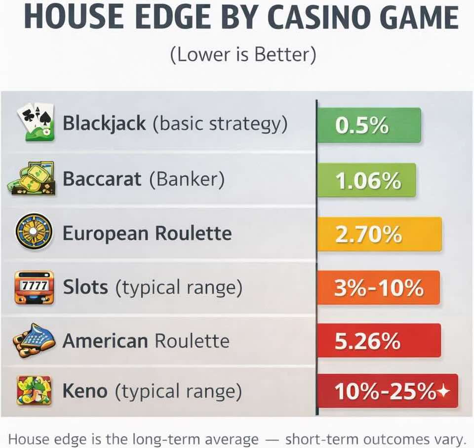 Infographic showing house edge percentages for various casino games, including Blackjack (0.5%), Baccarat (1.06%), European Roulette (2.70%), Slots (3%-10%), American Roulette (5.26%), and Keno (10%-25%).