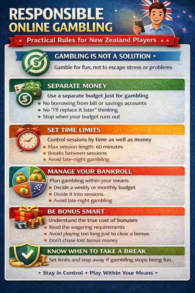 Infographic detailing practical rules for responsible online gambling aimed at New Zealand players, including guidelines on budgeting, time limits, and managing bonuses.
