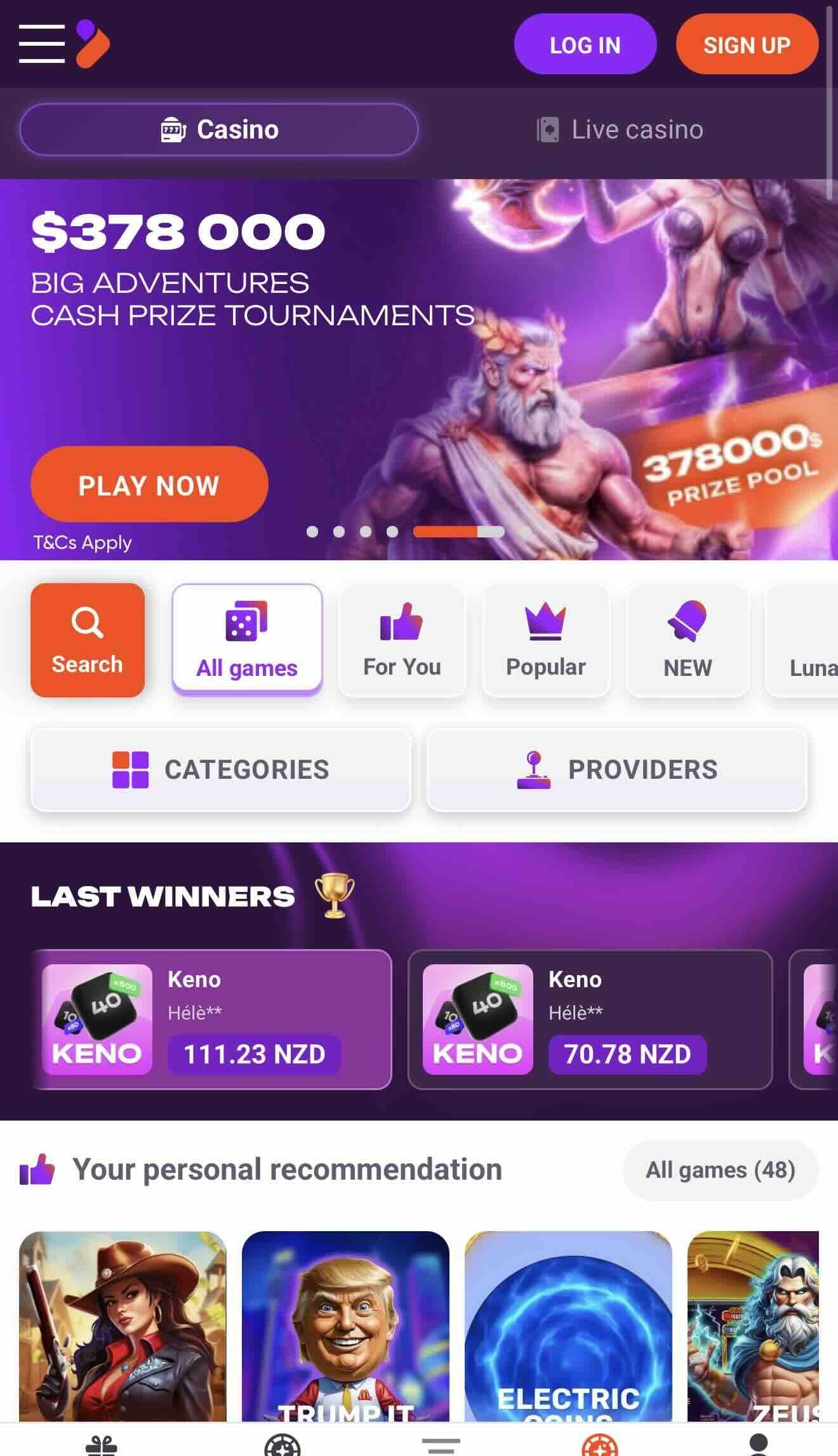 Tonybet $10 deposit casino home page image