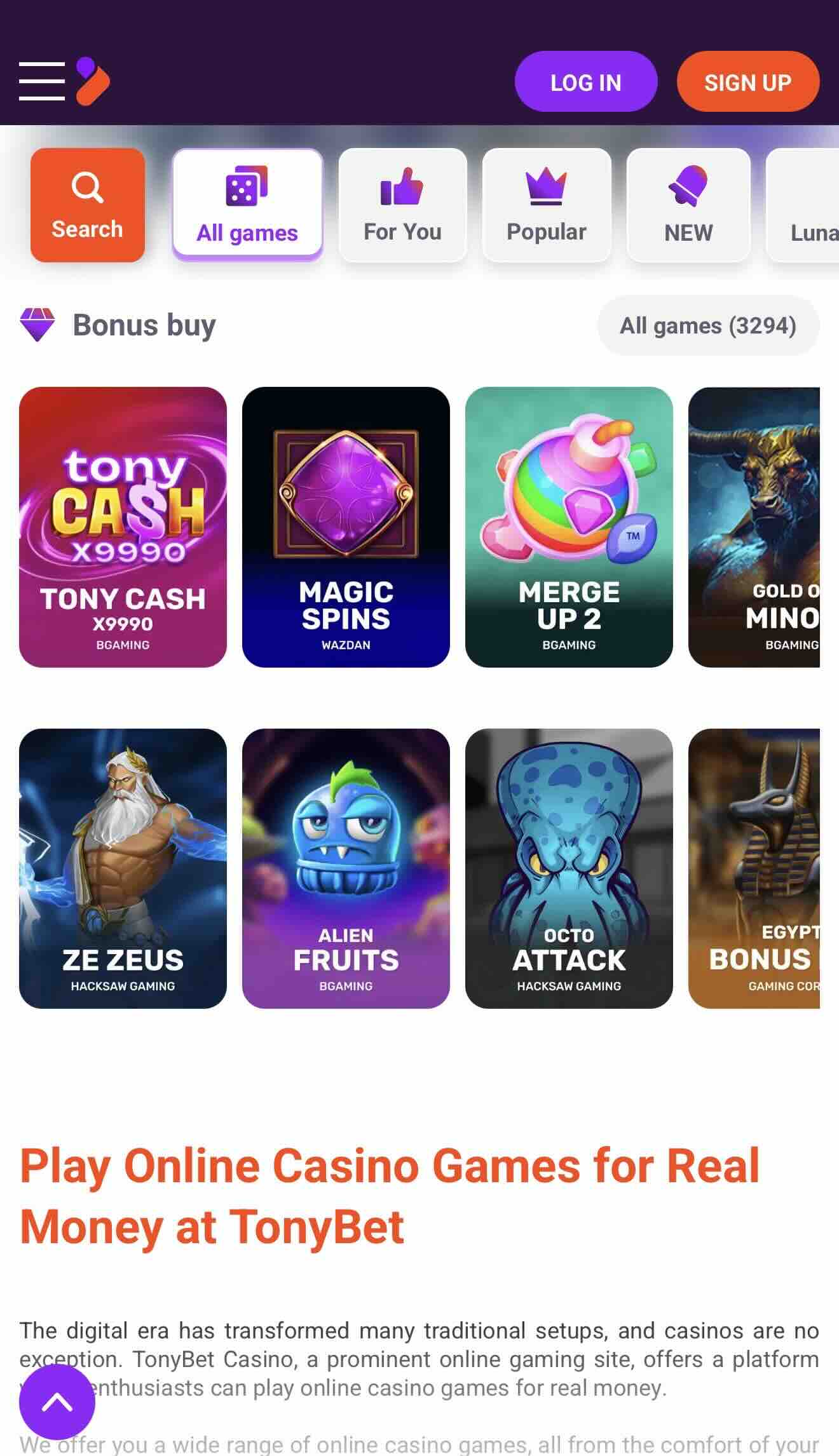 tonybet brand mobile image displaying game selections