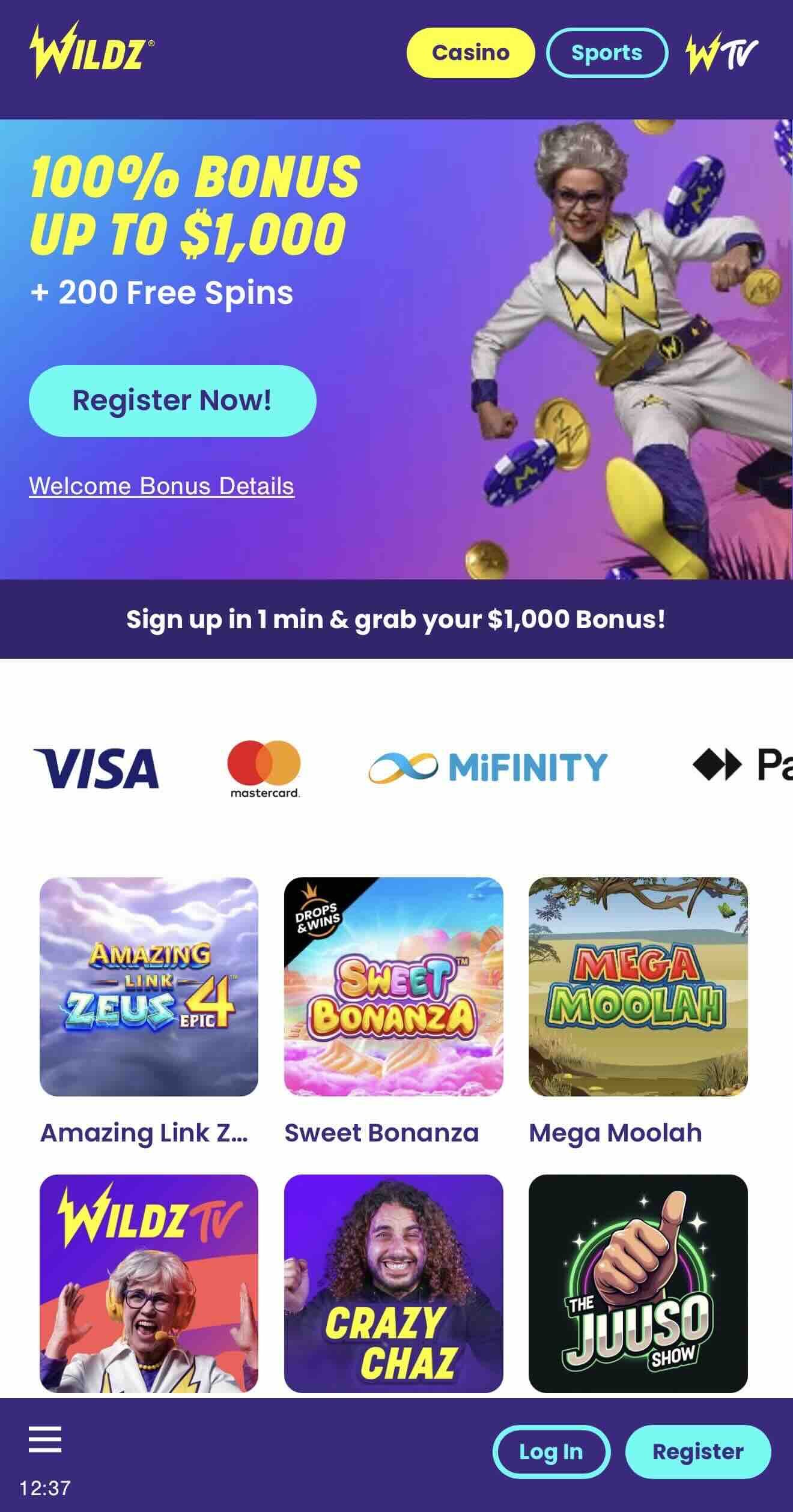 Wildz $10 deposit casino home page mobile image