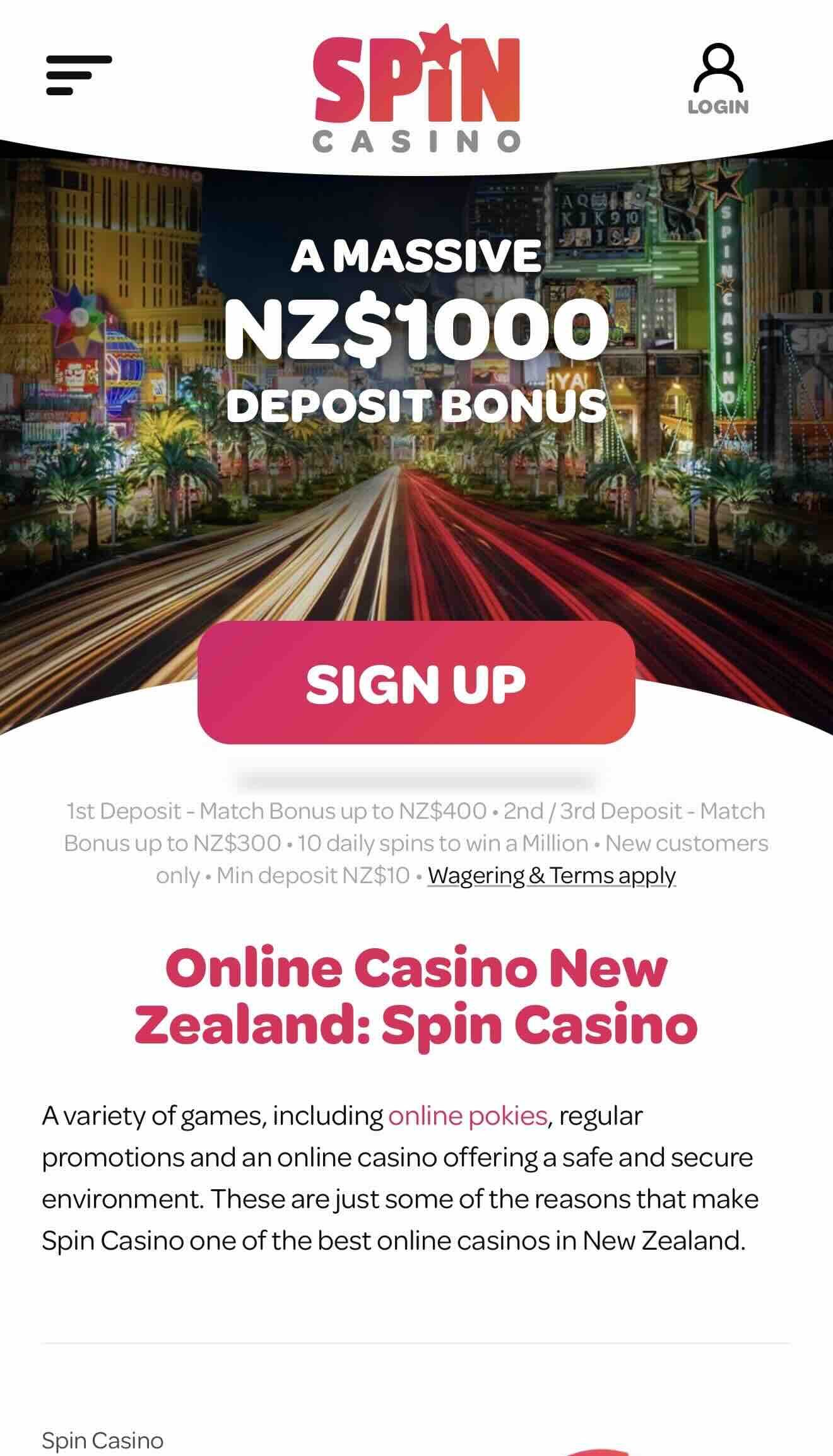 spin casino home page image for $5 deposit