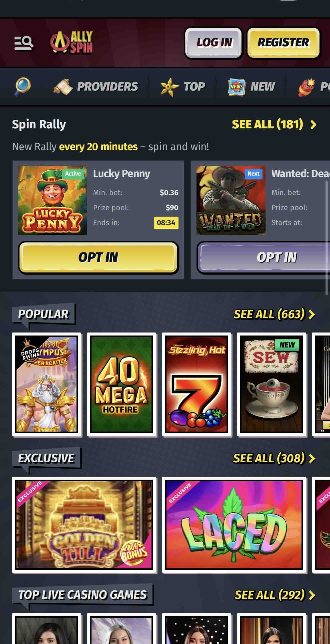 allyspin casino top games mobile page image representing the games