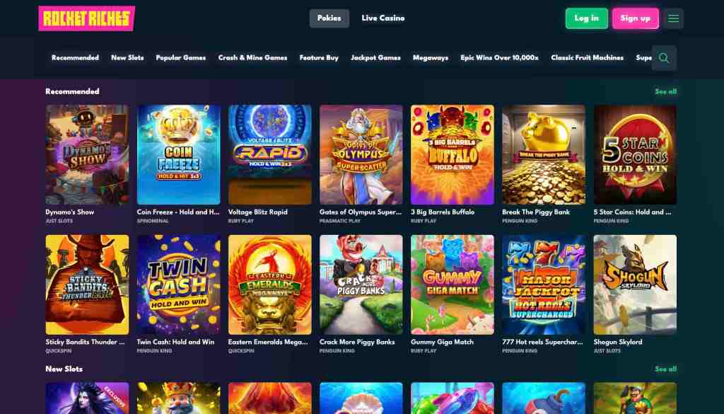 Grid of recommended online slot games featured on the Rocket Riches gaming platform, showcasing various titles and themes.