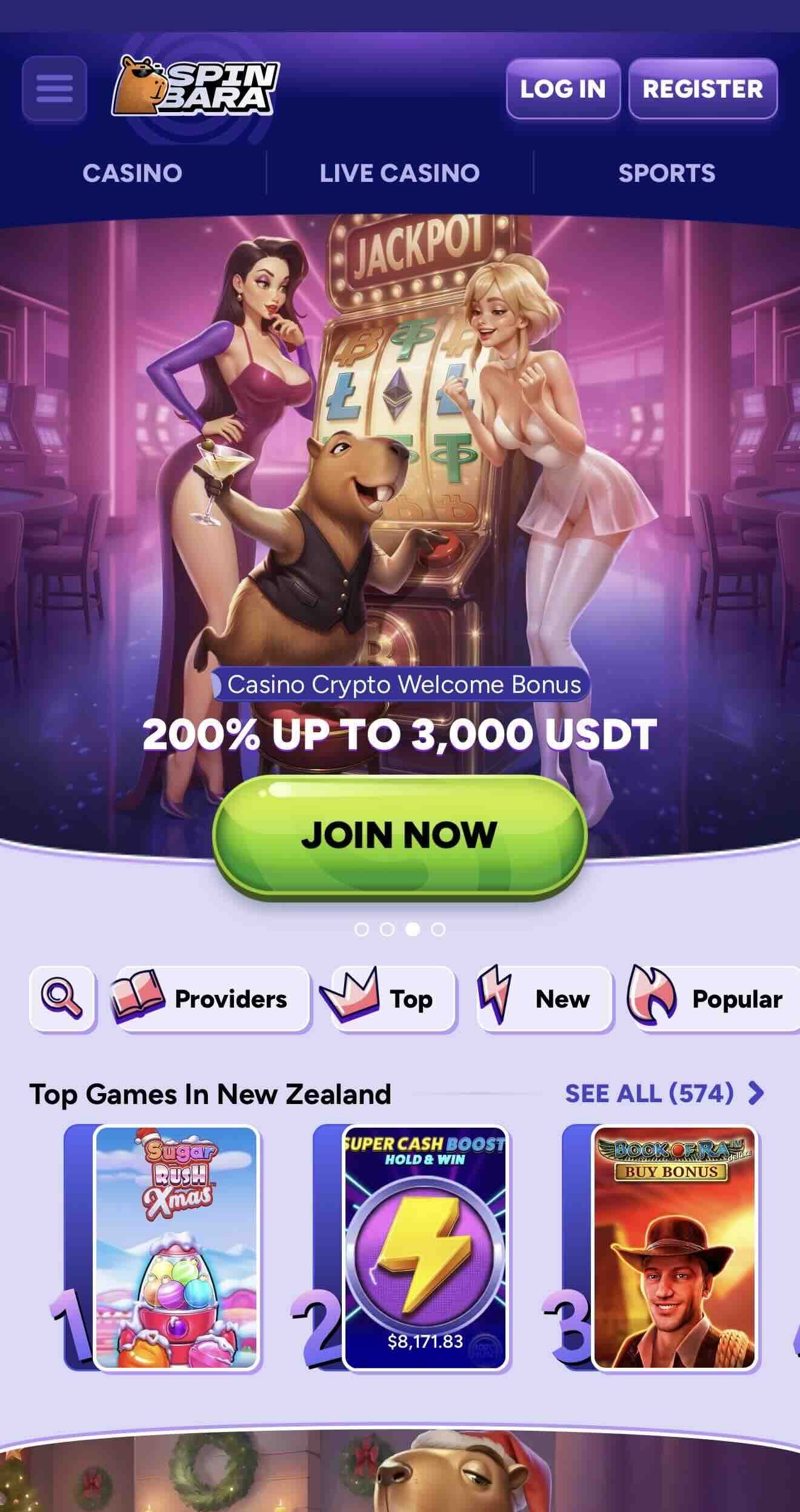 Spinbara casino mobile lobby screenshot showing welcome bonus