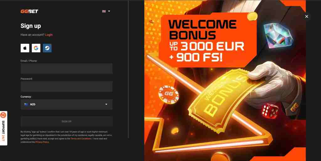 Promotional image for GGBET featuring a sign-up form on the left and a welcome bonus advertisement on the right, highlighting a bonus of up to 3000 EUR and 900 free spins.