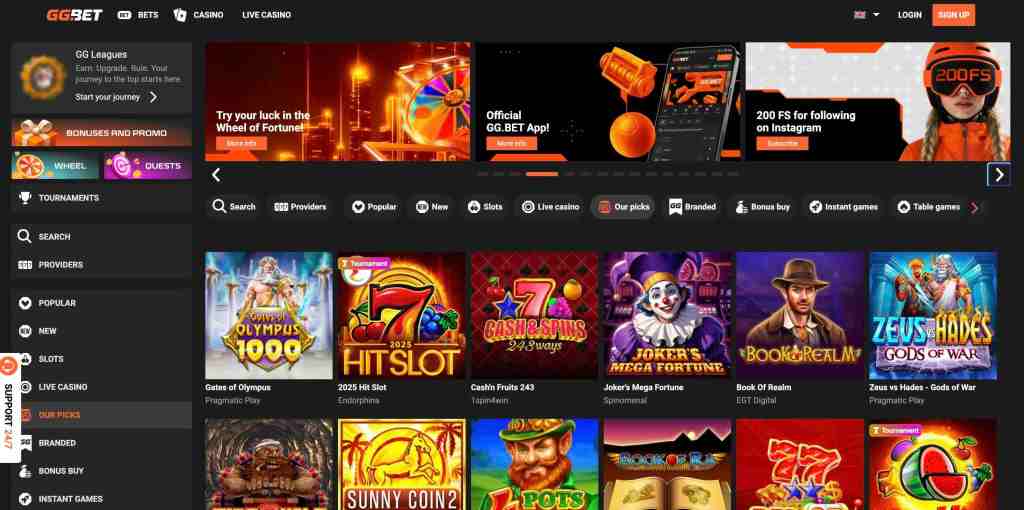 Online casino dashboard featuring various game categories such as slots, live casino, and promotion banners.