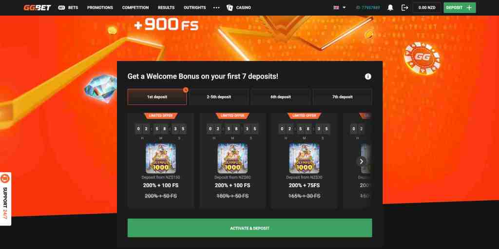 Promotional banner for GG.BET highlighting a welcome bonus of +900 free spins for new users with details on deposit bonuses for the first seven deposits.