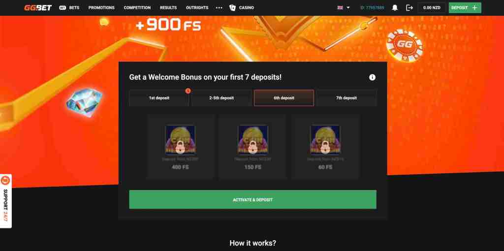 Promotional banner for GG.BET offering a welcome bonus of up to 900 free spins for the first seven deposits, displaying details for each deposit tier.