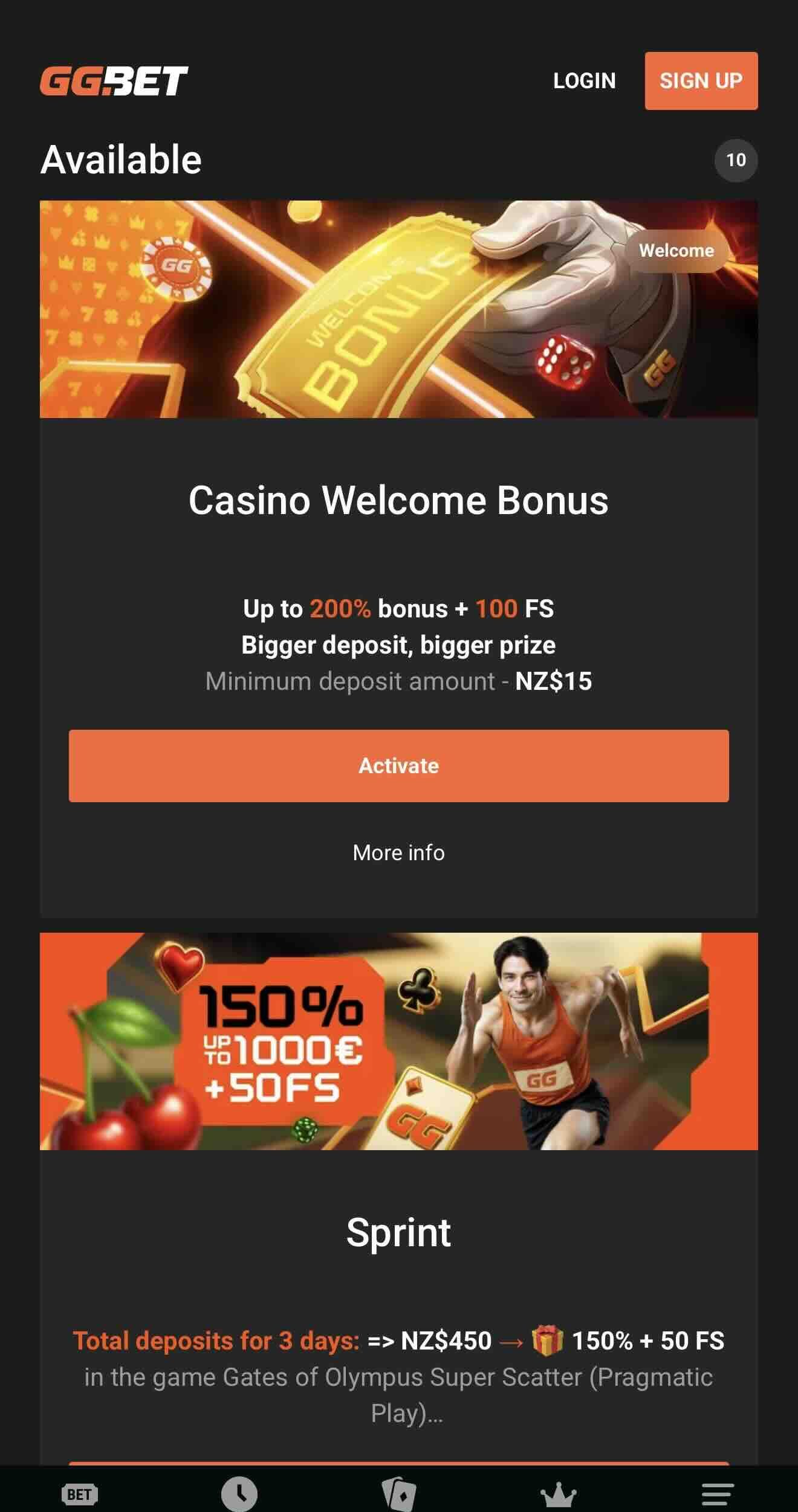 ggbet casino mobile page displaying bonus offers