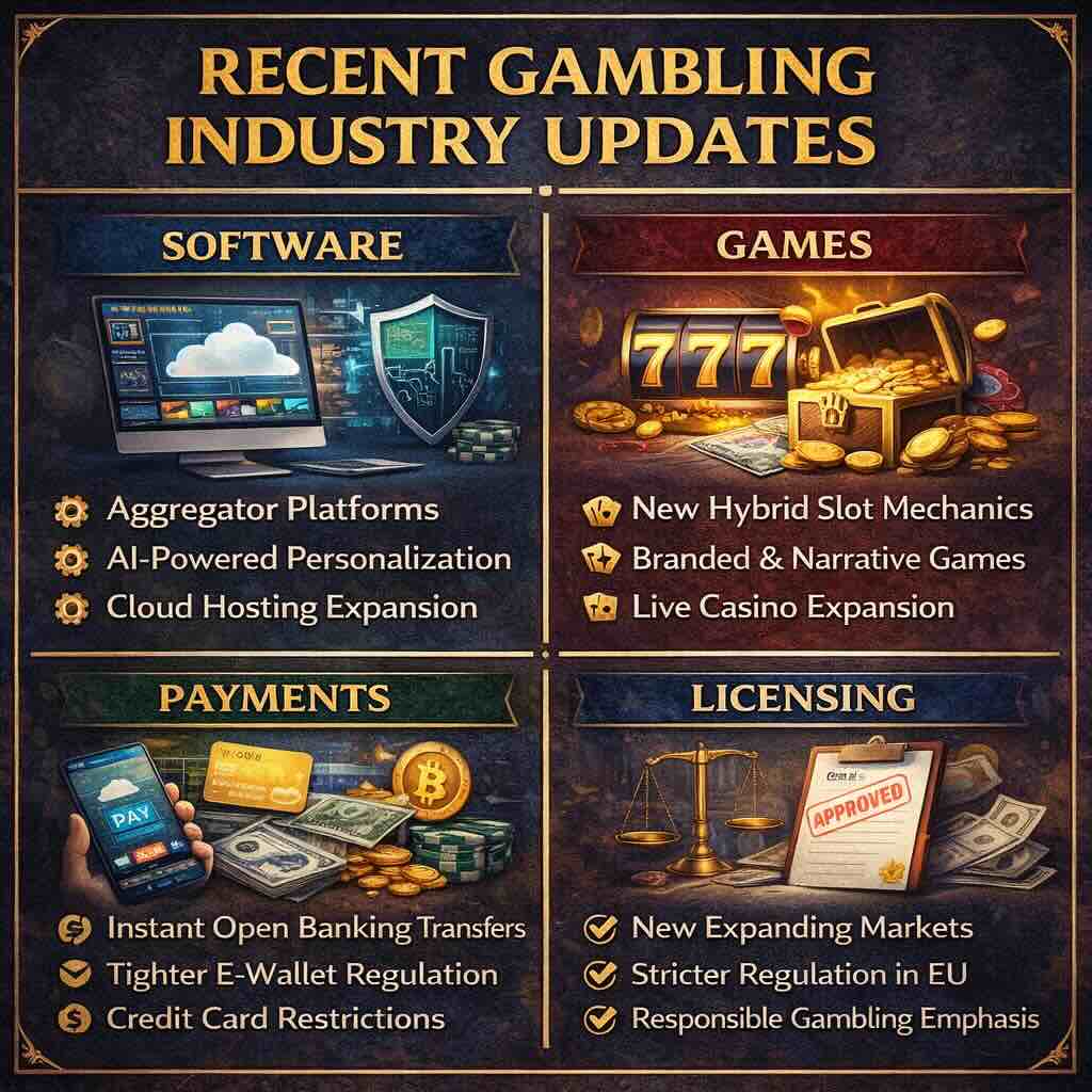 Infographic displaying recent updates in the gambling industry, divided into four sections: Software, Games, Payments, and Licensing. Highlights include aggregator platforms, AI-powered personalization, new hybrid slot mechanics, instant open banking transfers, and stricter regulations.