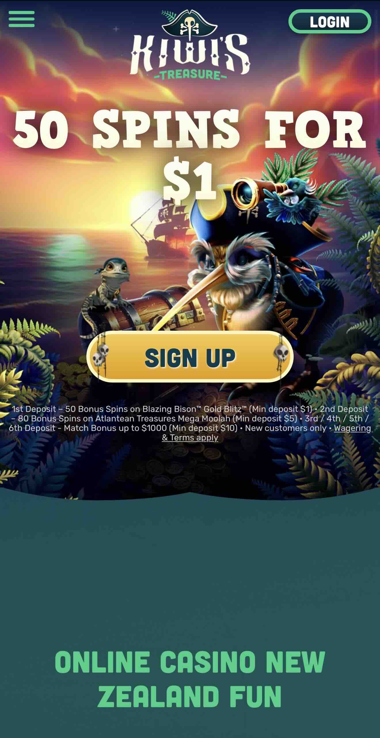 kiwi's treasure mobile page image displaying 5 dollar deposit bonus