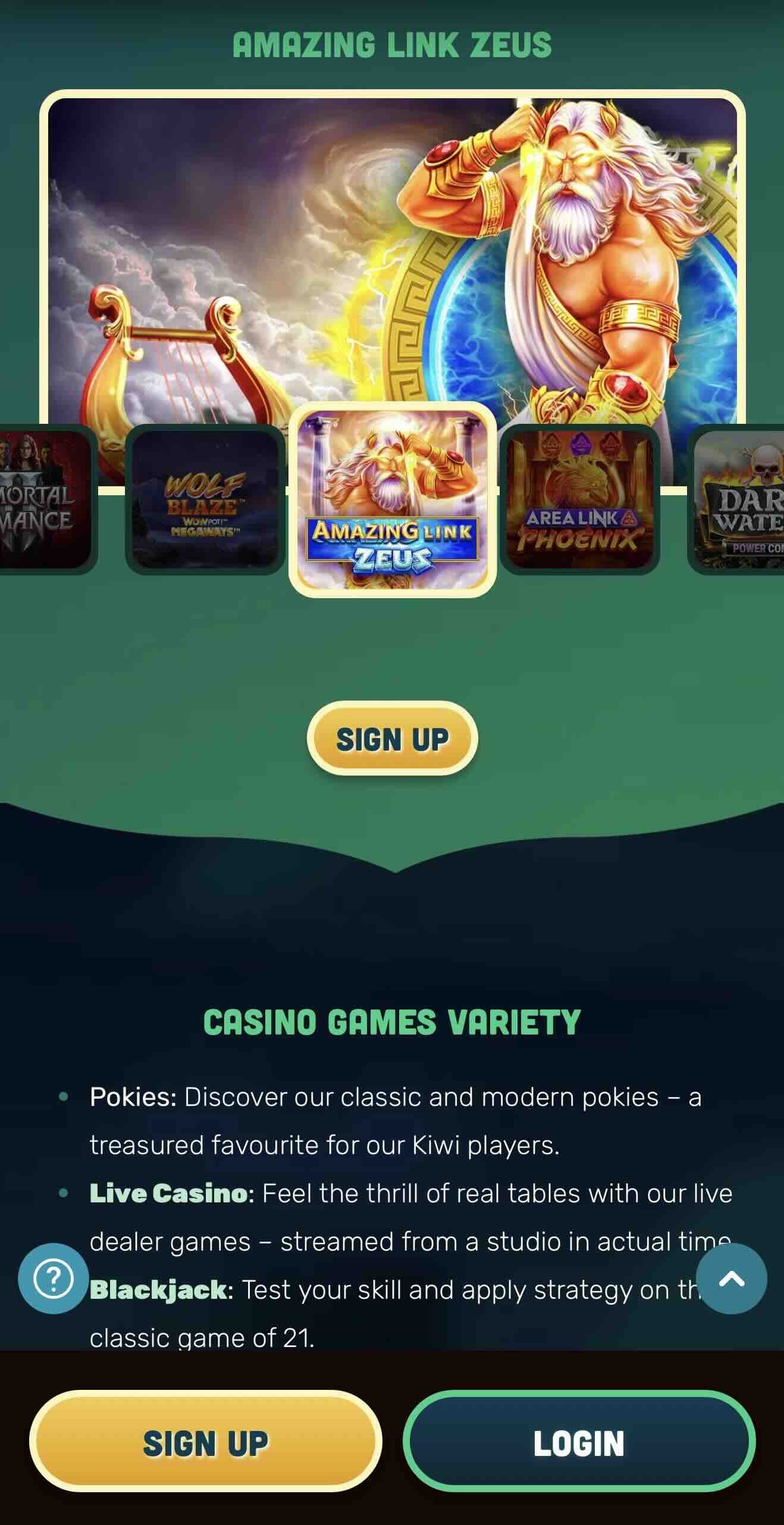 kiwi's treasure mobile bonus page displaying 5 dollar deposit promos