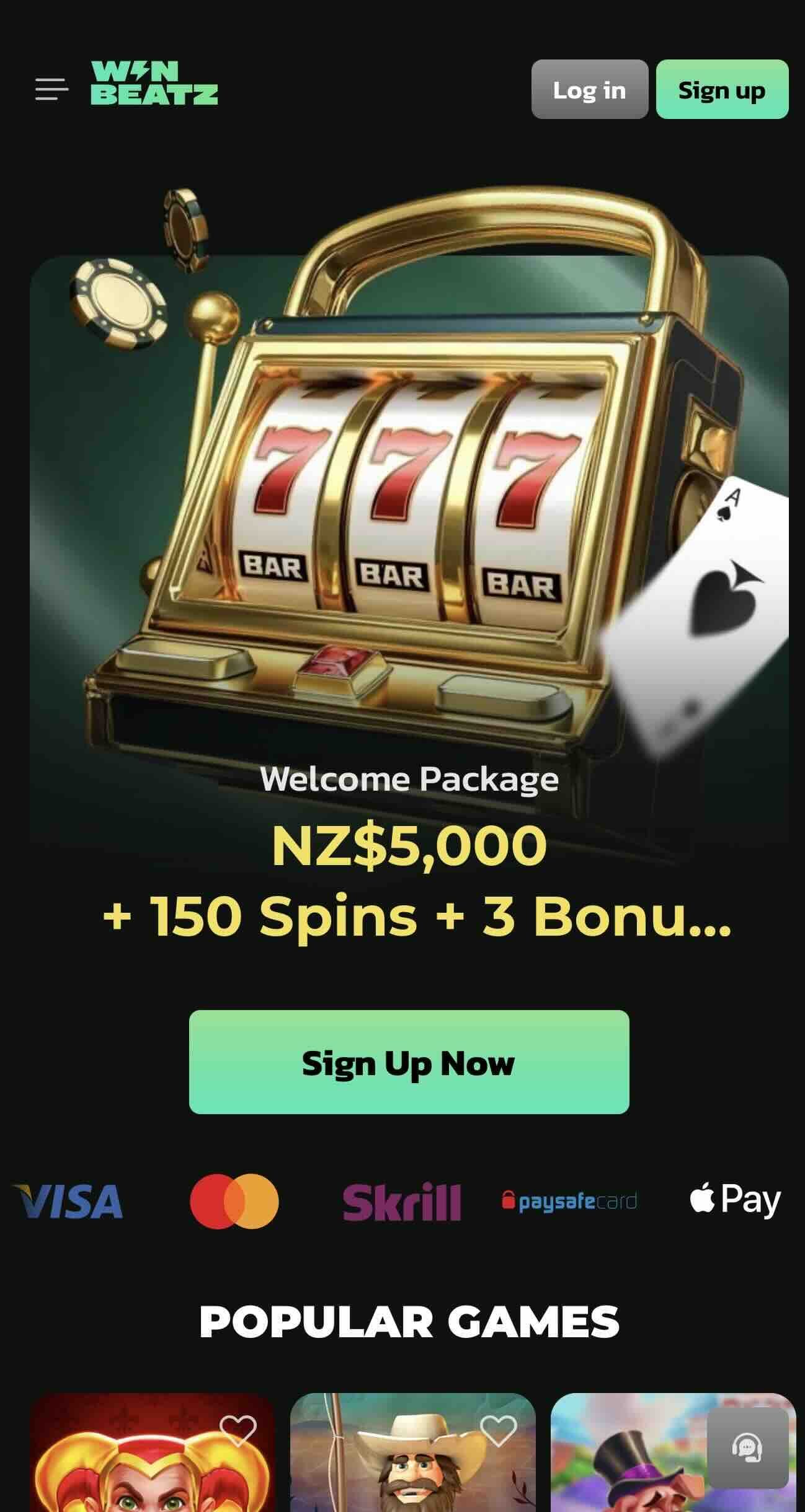 winbeatz casino mobile home page sign up bonus screenshot.