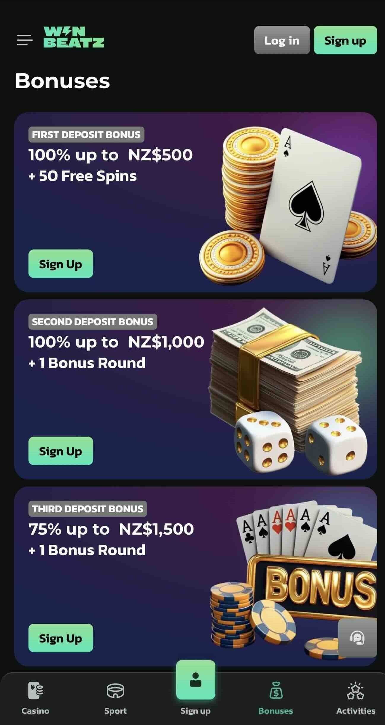 casino bonuses mobile page for winbeatz bonus review