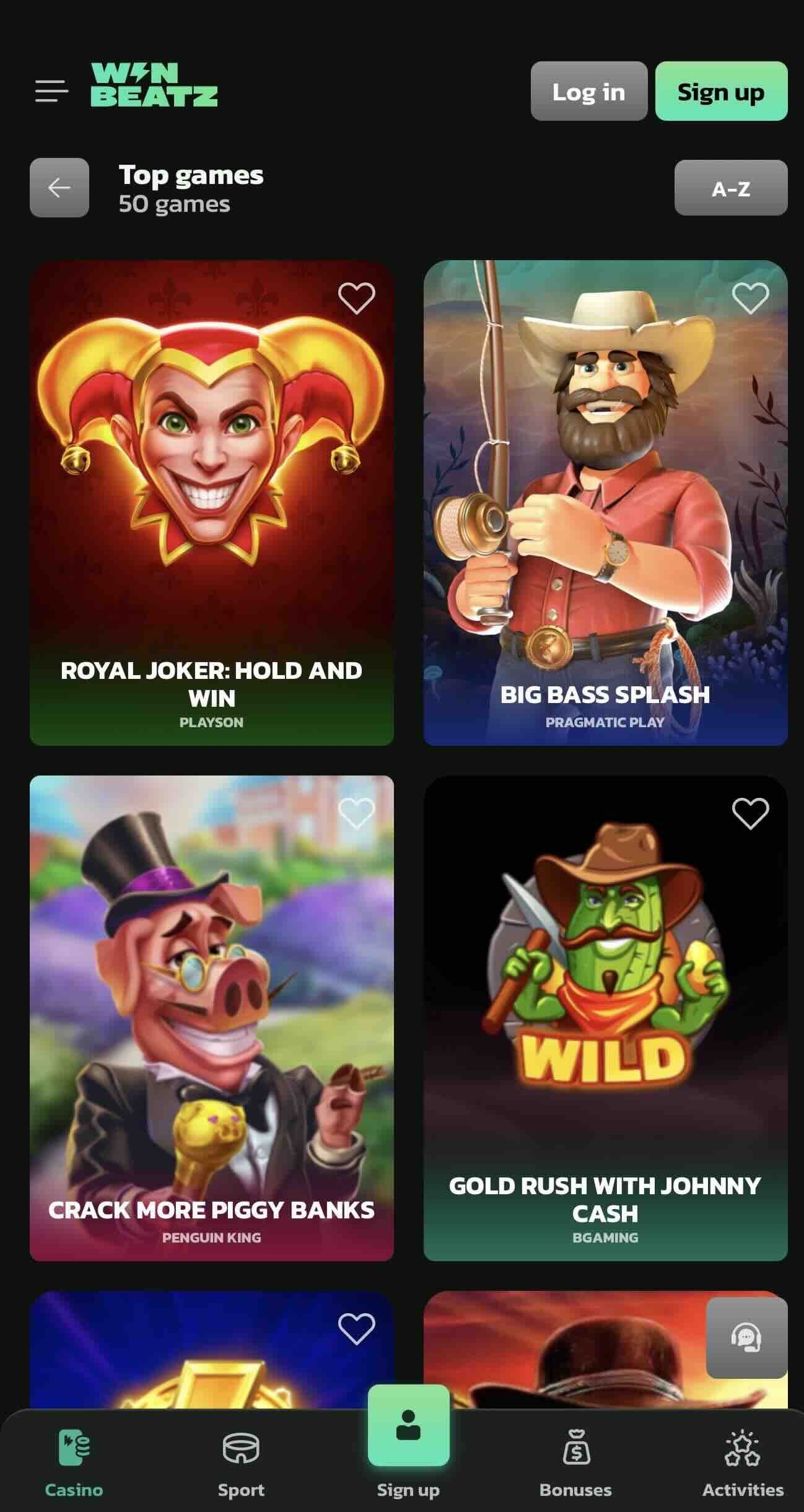 winbeatz casino recommended games mobile page for claiming welcome offer