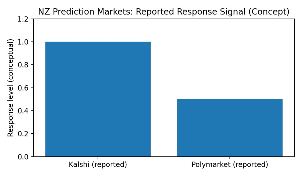 Bar chart comparing reported response signals in NZ prediction markets for Kalshi and Polymarket. Kalshi shows a higher response level than Polymarket.