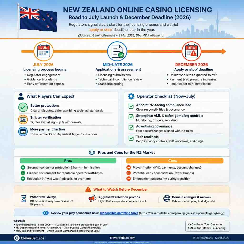 Infographic detailing the timeline and requirements for New Zealand online casino licensing process, including start dates, player expectations, operator checklist, pros and cons, and considerations before deadlines.