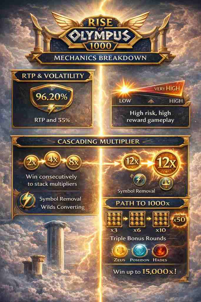 Infographic detailing the mechanics of the game 'Rise of Olympus 1000', including RTP and volatility information, cascading multipliers, and bonus path details.