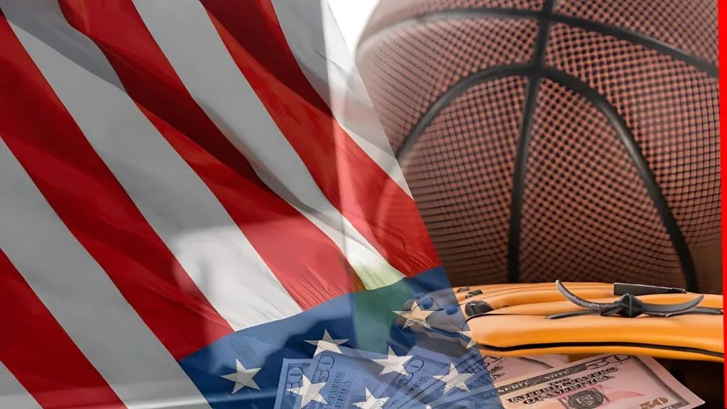 An abstract composition featuring the American flag, a basketball, and a pile of money with an orange glove in the foreground.