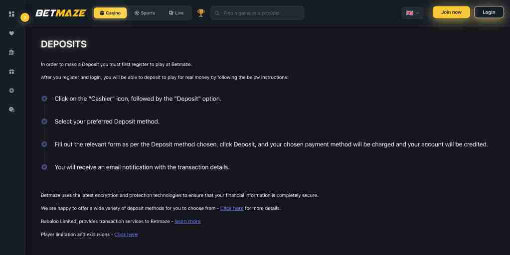 Screenshot of the Betmaze deposits page with instructions on how to make a deposit after registration.