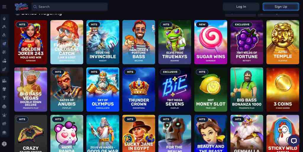 A collage of various online slot games displayed on a digital casino platform, featuring titles like Golden Joker 243, Elvis Frog Trueways, and Big Bass Bonanza 1000.