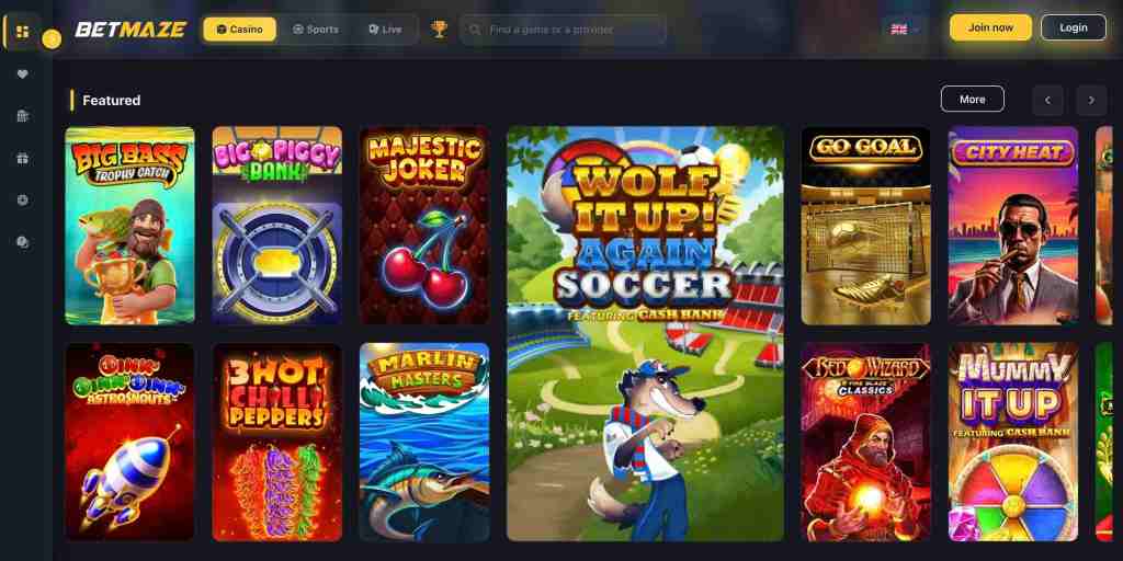 Grid of featured online casino games from Betmaze, showcasing various slot titles with vibrant graphics.