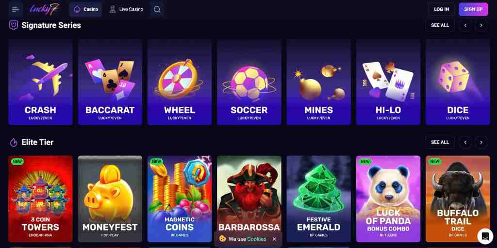 Image showing the Lucky7 casino interface featuring various game categories including Signature Series and Elite Tier games.