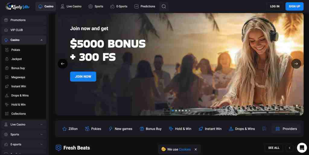 A promotional banner for an online casino featuring a DJ with blonde hair and headphones, smiling while performing at a party. The text highlights a $5000 bonus and 300 free spins.