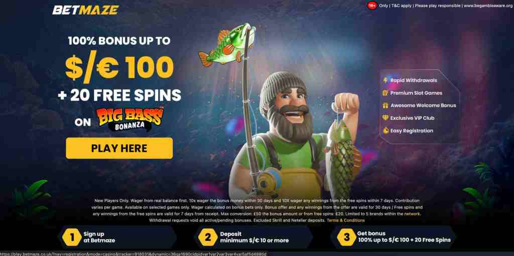 Promotional graphic for BetMaze featuring an animated fisherman holding a large fish, offering a 100% bonus up to $/€100 and 20 free spins on the game Big Bass Bonanza.