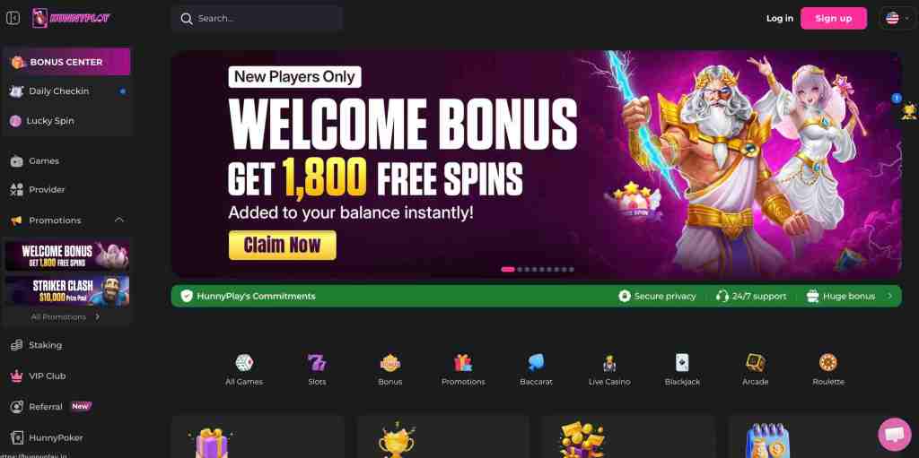 Online casino promotional banner highlighting a welcome bonus of 1,800 free spins for new players, featuring vibrant graphics of deities and a call-to-action button 'Claim Now'.