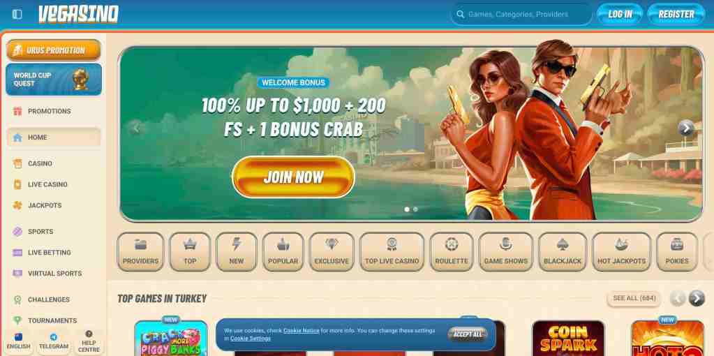 Screenshot of the Vegasino online casino homepage featuring a welcome bonus banner, promotional offers, and game categories. Two stylized characters, a man and a woman dressed in orange suits, are positioned in the background.