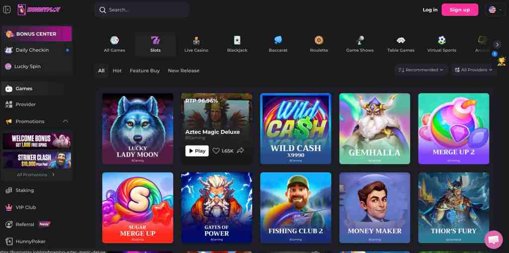 Screenshot of an online casino homepage featuring various game options such as slots, blackjack, and live casino games, along with a bonus center section and promotion announcements.