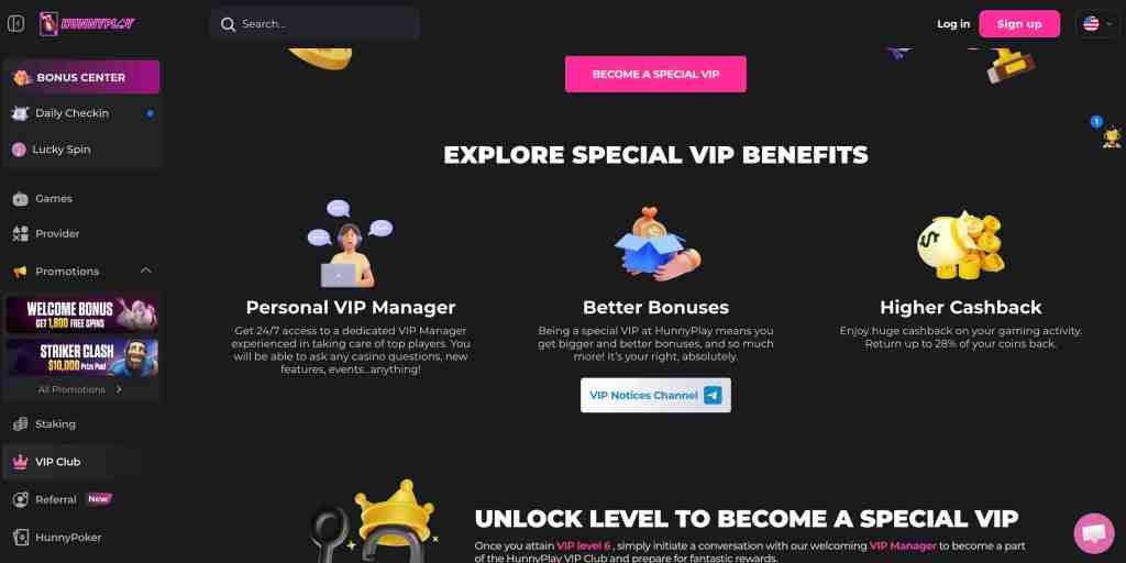 Promotional page featuring VIP benefits for a gaming platform, showcasing sections like Personal VIP Manager, Better Bonuses, and Higher Cashback.