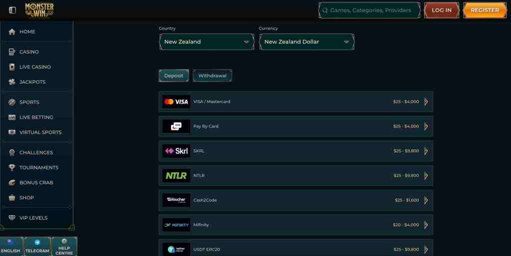 monster win casino payment methods