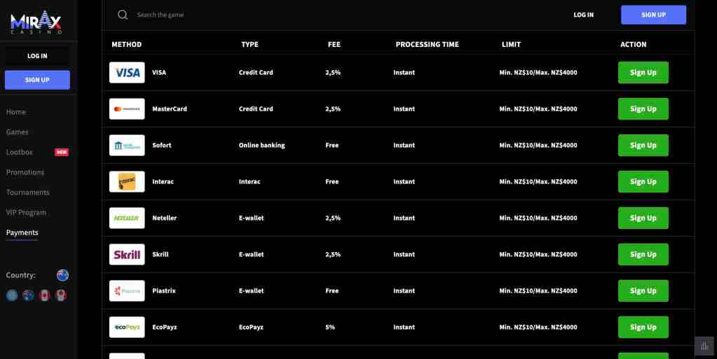 mirax brand payments page image showing each payment method 