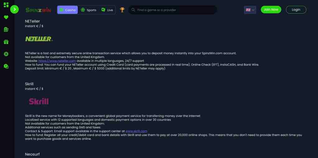 payment methods for spinzwin brand