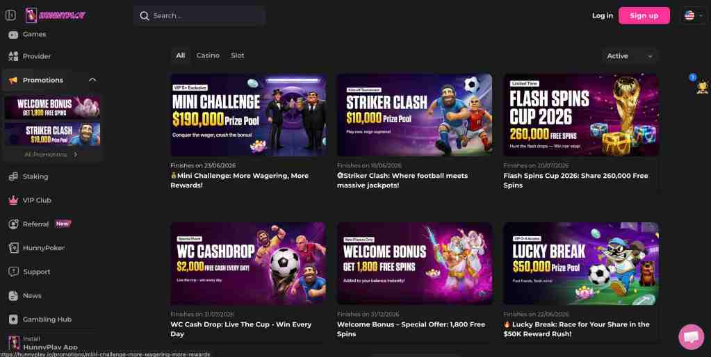 Promotional offers on a gambling website featuring various competitions and bonuses, including the Mini Challenge, Striker Clash, Flash Spins Cup 2026, and Lucky Break, with details on prize pools and free spins.