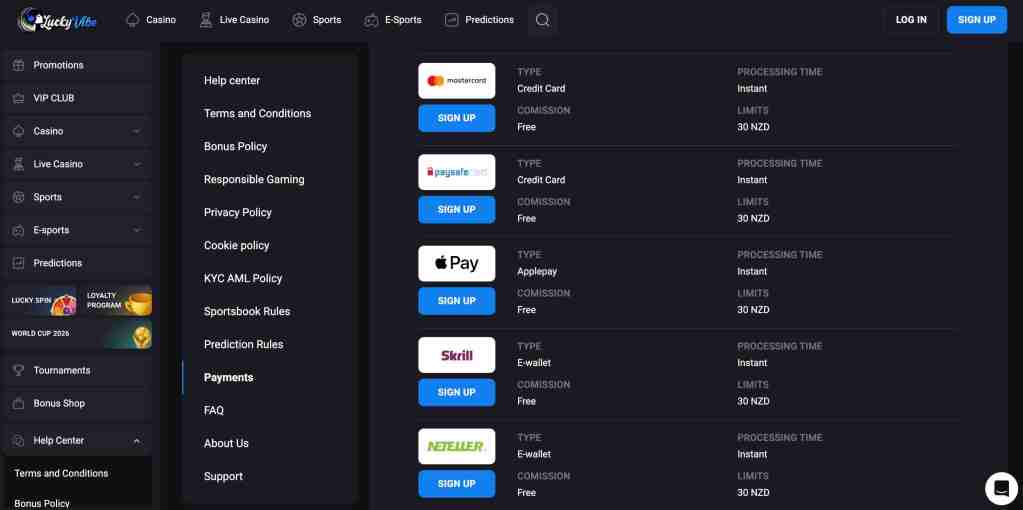 Payment options menu on a gambling website displaying various methods such as Credit Card, Apple Pay, and E-wallet, along with their processing times and limits.