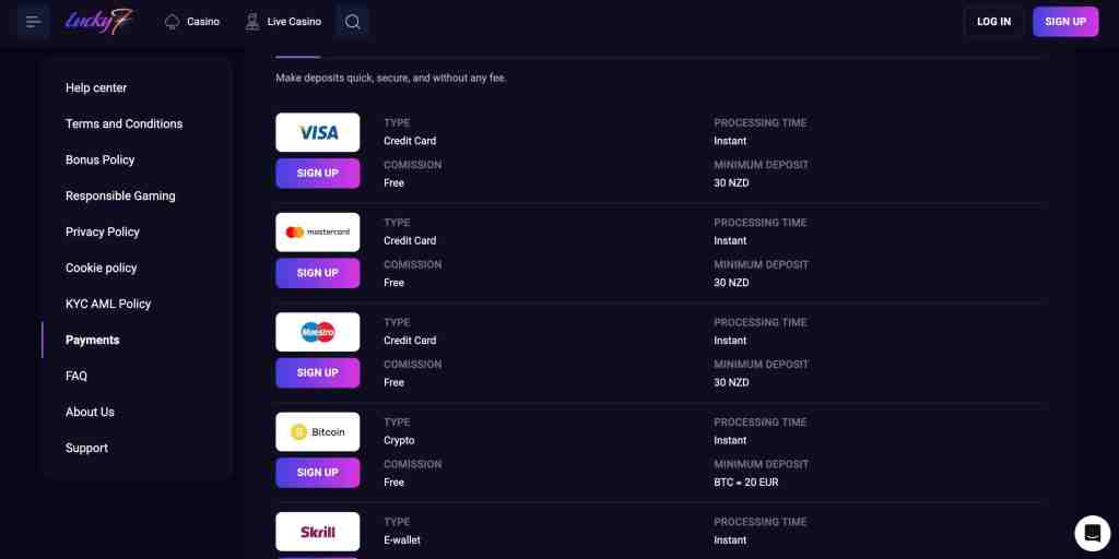 Payment options and deposit details for Lucky7 Casino online, including credit cards and cryptocurrency.