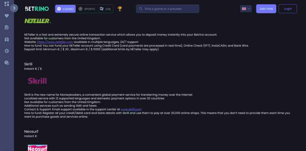 picture showing payment methods at betrino casino for NZ players