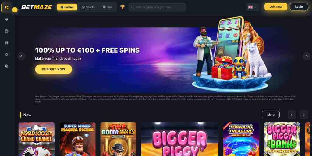 BetMaze online casino interface featuring promotional banner for 100% bonus up to €100 and free spins, alongside vibrant game thumbnails.