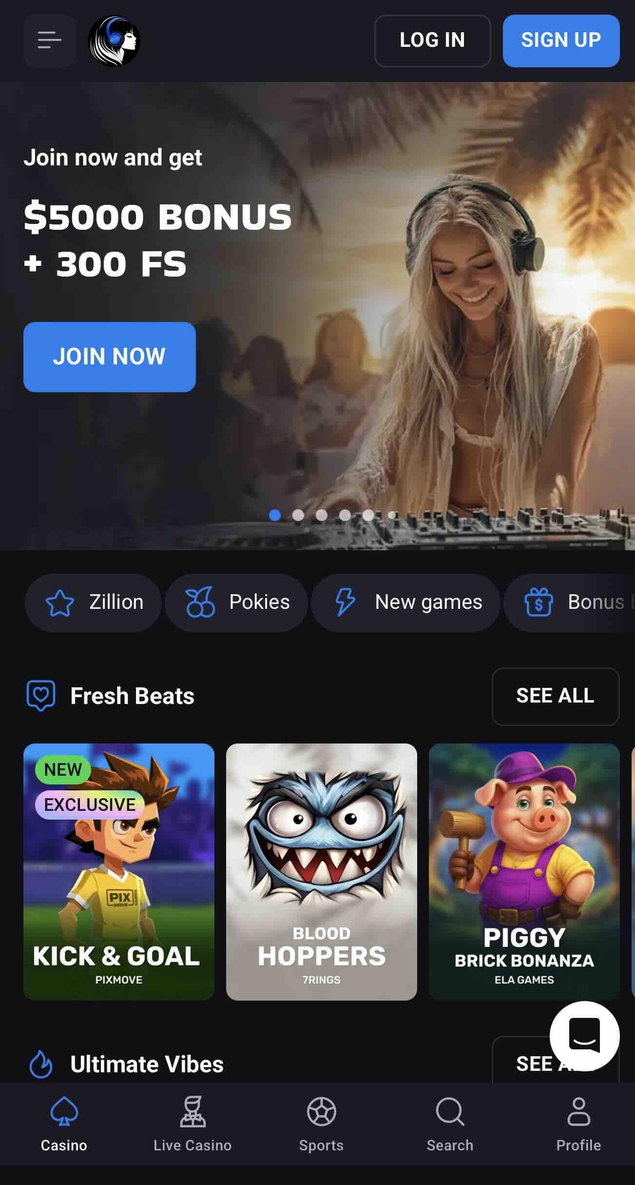 mobile image of luckyvibe online casino displaying promotions and games for online casino players
