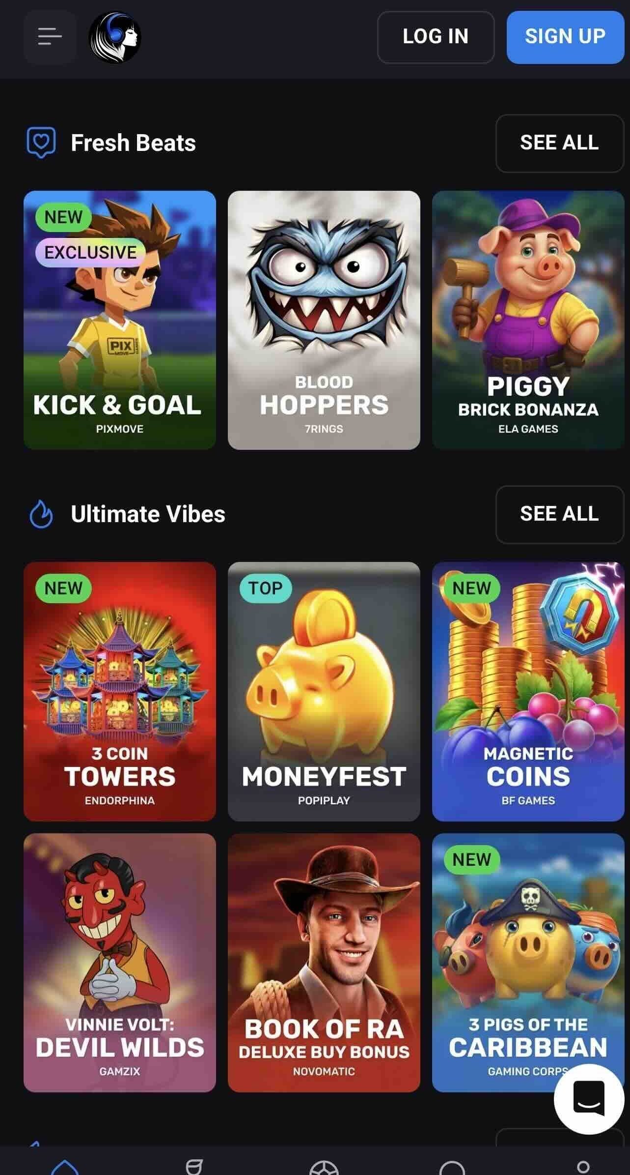 luckyvibe online casino nz mobile games section for users to choose from hot to top picks
