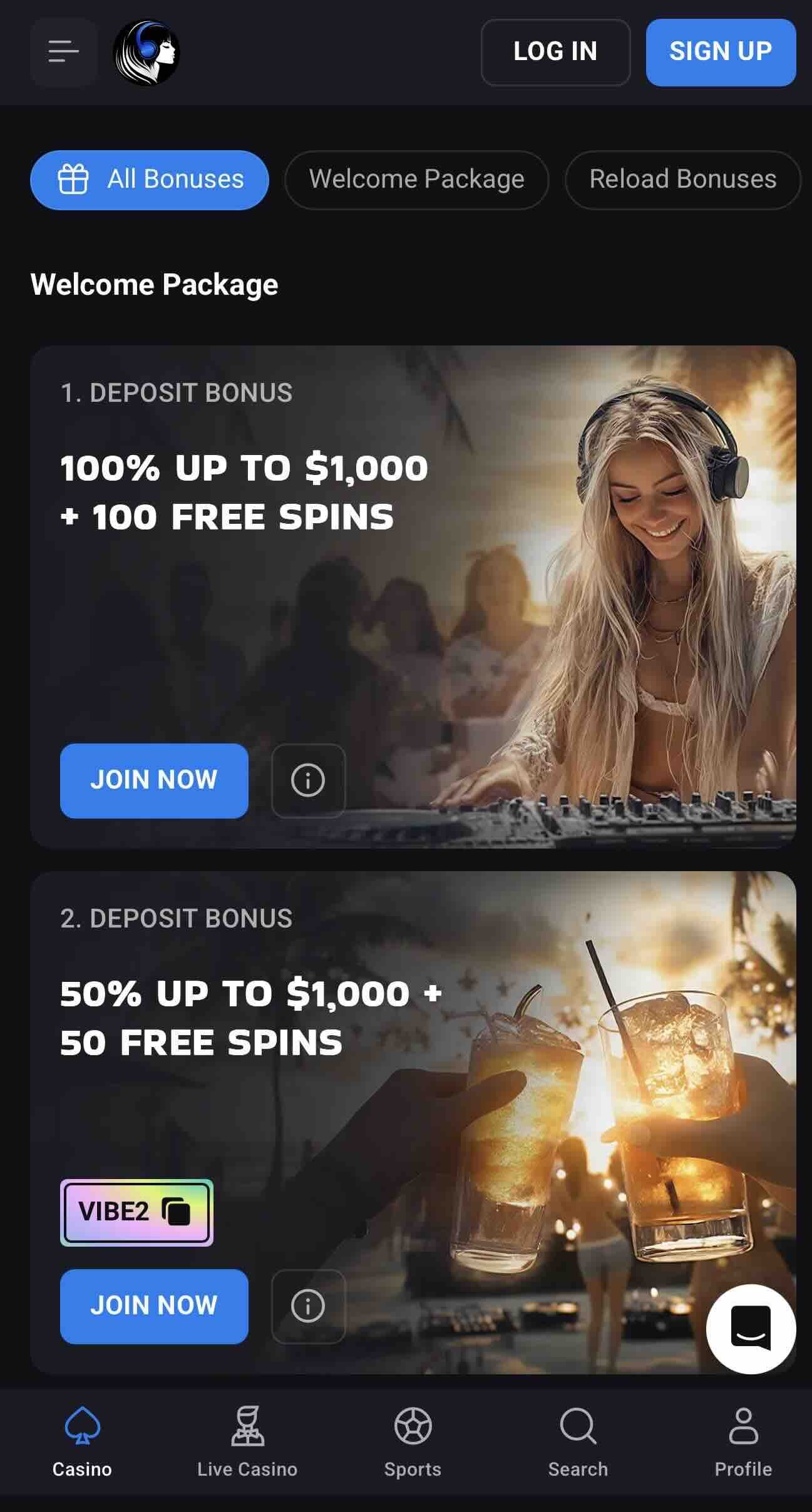 promotions page of luckyvibe online casino brand