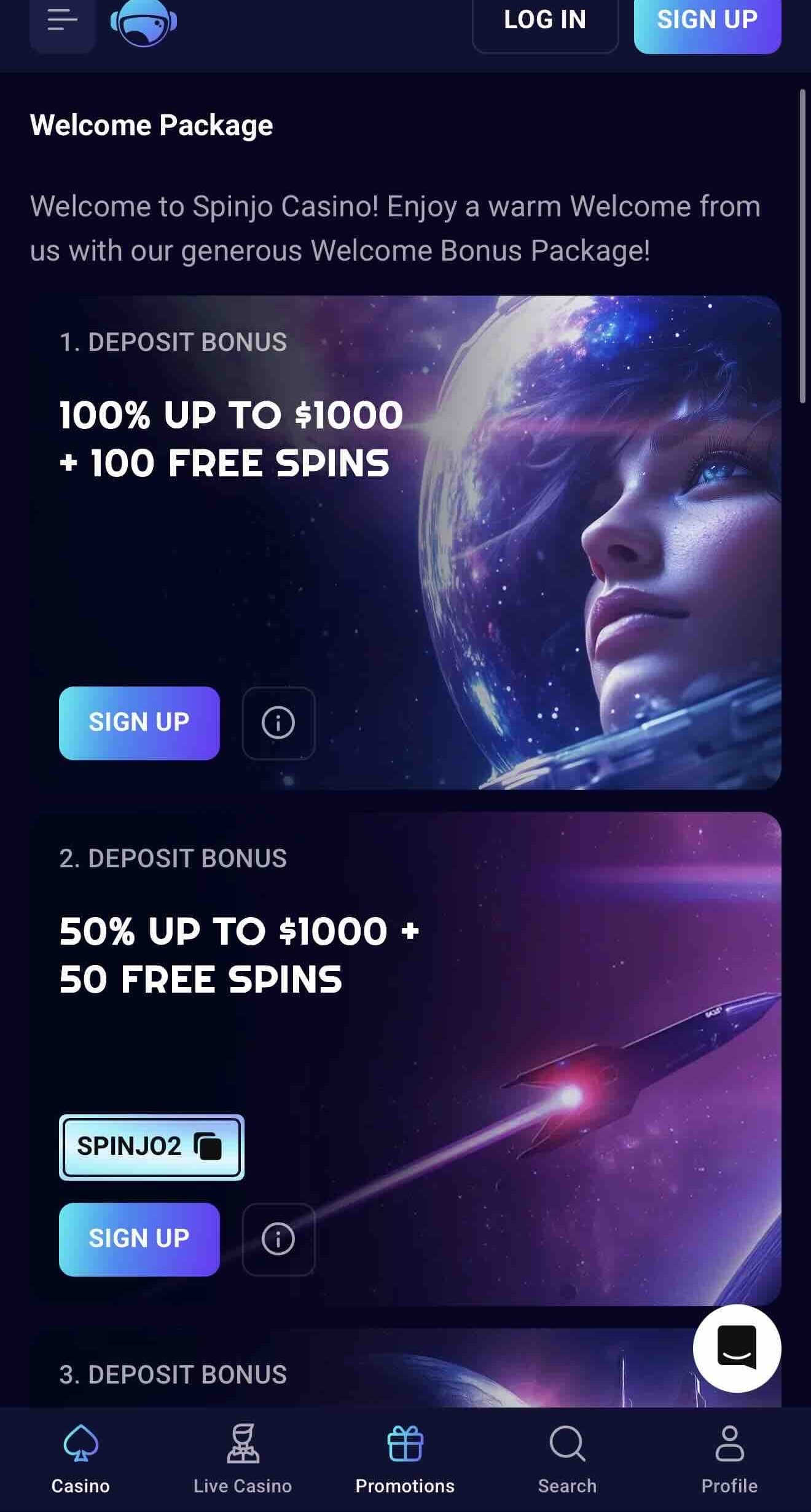 Image displaying promos for online casino players at spinjo casino brand
