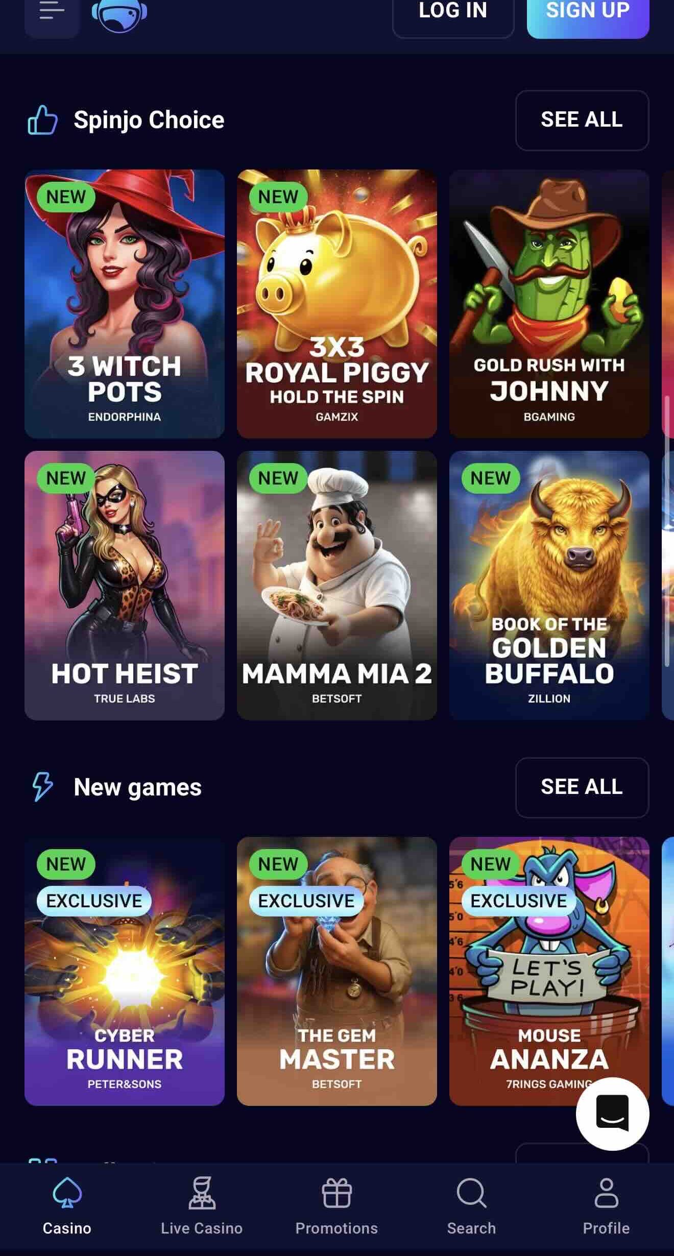 Spinjo casino games selection image