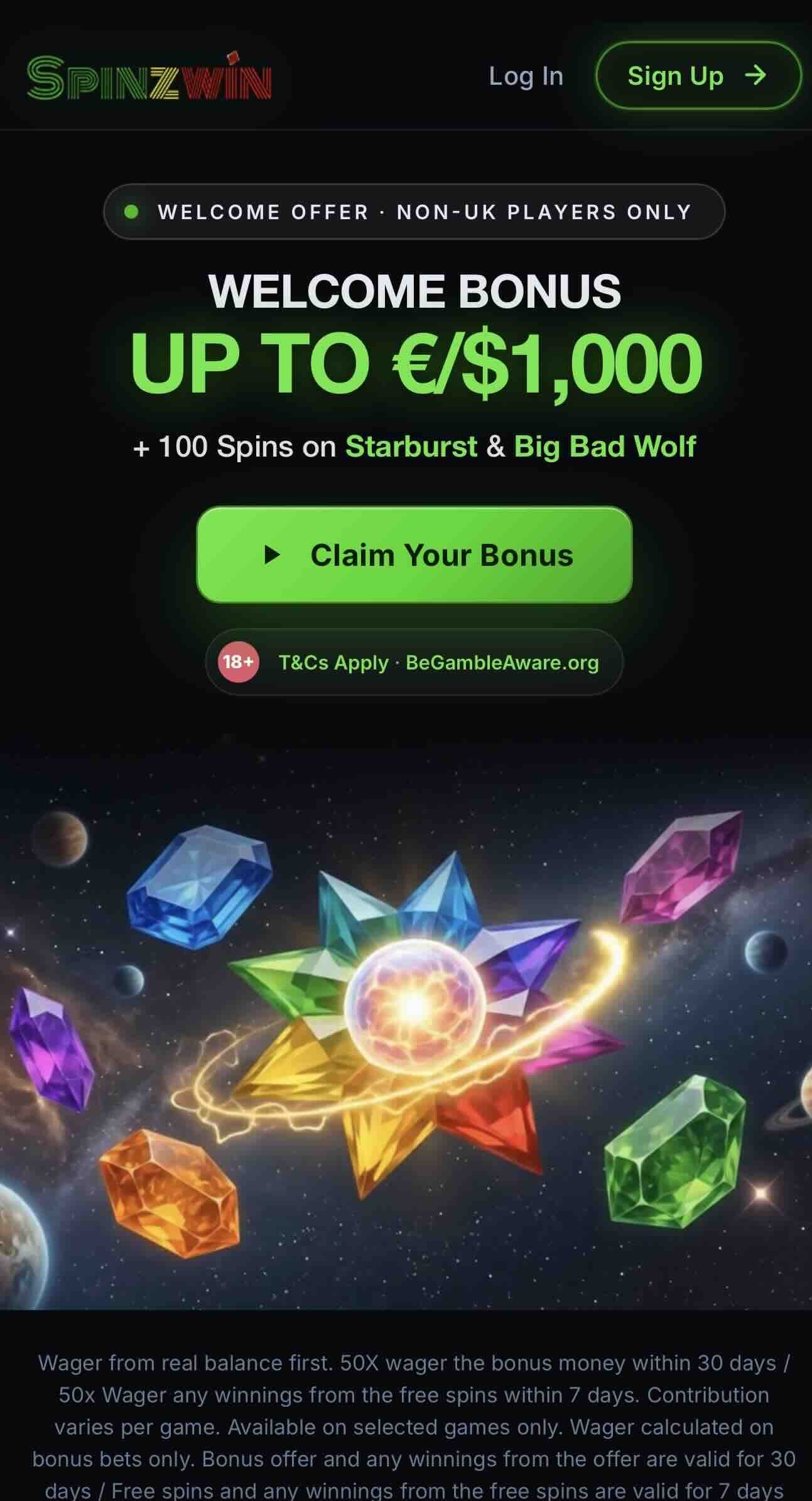 Spinzwin online casino landing page image for nz players
